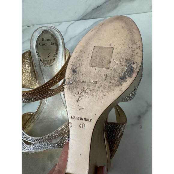RENE CAOVILLA Gold Leather Swarovski Crystal Strass Platform Wedges Size 40 - Picture 10 of 10
